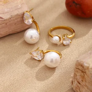Stainless Steel Pearl Drop Crystal and Rhinestone Earring and Ring Set