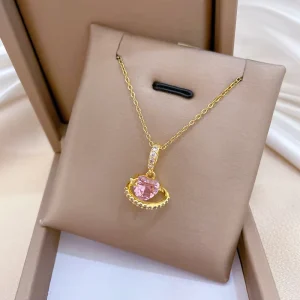 Stainless Steel Pink Heart Pendant Necklace with Crystal Orbit for Party