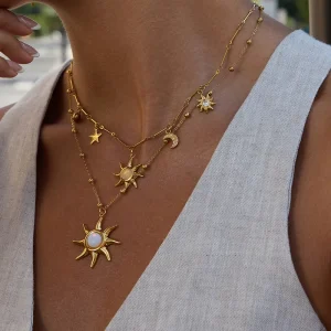 Stainless Steel Sun Earrings and Pendant Necklace for Women
