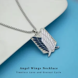 Stainless Steel Survey Corps Pendant Necklace with Rope Chain and Wings Design Anime Jewelry