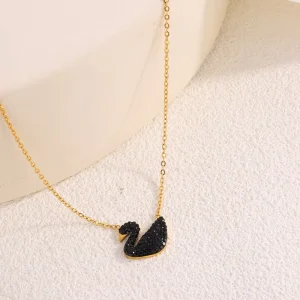 Stainless Steel Swan Pendant Necklace for Women, Non-Tarnish Gold Chain with Zircon