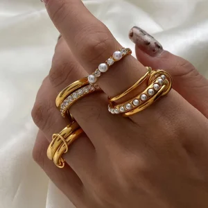 Stainless Steel Two-Tone Pearl Ring Set, 18K Gold PVD-Plated, Non-Tarnish Stacking Rings for Women