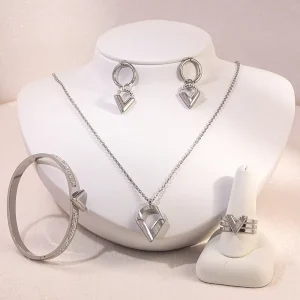Stainless Steel V-Shape Silver-Plated 4-Piece Unisex Jewelry Set with Necklace, Earrings, Bracelet, and Ring