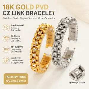 Stainless Steel Watch Strap Bracelet, 18K Gold-Plated CZ Link Bangle, Unisex
