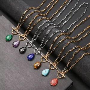 Stainless Steel Waterdrop Gemstone OT Buckle Necklace