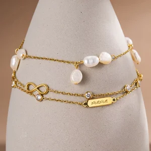 Stainless Steel Waterproof 18K Gold Freshwater Pearl Bracelet