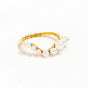 Stainless Steel Waved Ring 18K Gold Plated Single Row Freshwater Pearl Beads