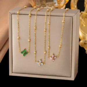 Stainless Steel Zircon Four-Leaf Clover Necklace and Bracelet