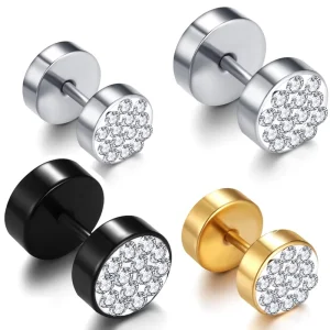 Steel 18K Gold Round Crystal Cuff and Bolt Stud Earrings for Men