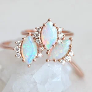 Sterling Silver 925 Diamond Marquise Cut Natural Opal Gemstone Ring for Girls