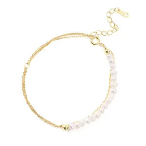 Sterling Silver 925 Double Chain Gold-Plated Pearl Bracelet