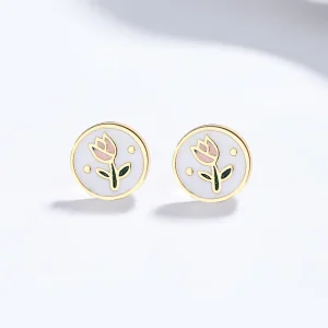 Sterling Silver Round Coin Shape Tulip Flower Enamel Oil Drop Stud Earrings Natural Stone for Women’s Anniversary