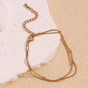 Summer Fashion Double Layer Snake Chain Anklet Gold Plated Stainless Steel Bead Anklet for Women