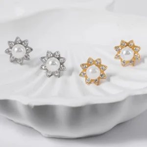 Sunflower Imitation Pearl Stud Earrings, Gold-Plated Copper