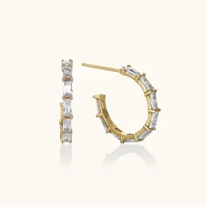 Supplier S925 Sterling Silver Alternating Baguette Gold Plated Cubic Zirconia Hoop Earrings