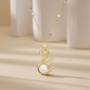 Swan Pearl Pendant Link Chain Collarbone Necklace Copper