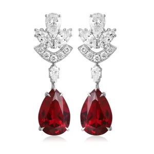 Synthetic Ruby Gemstone Lab Diamond PT950 Platinum Drop Stud Earrings for Women