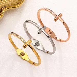 T-Shaped Square Zircon Letter Stainless Steel Gold-Plated Bangles