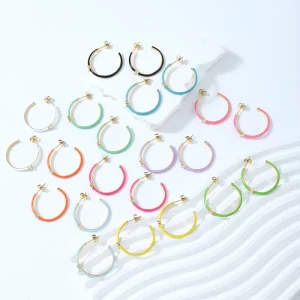 Tarnish-Free 14K Gold Stainless Steel CZ Enamel C-Shape Hoop Earrings, 11 Colors