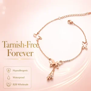 Tarnish Free Hypoallergenic Adjustable Stainless Steel Rose Gold Plated Butterfly CZ Anklet
