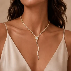 Tassel Rhinestone Y-Shaped Necklace Stainless Steel 18K Gold-Plated