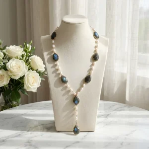 Teardrop Flash Labradorite Lariat Necklace Pearl Beaded Y-Shape Long Chain