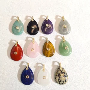 Teardrop Natural Stone Pendant with 18K Gold-Plated Copper Zircon Bail for DIY Necklace