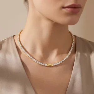 Tennis Necklace with Full Cubic Zirconia 316L Stainless Steel 18K Gold PVD Plating Hypoallergenic