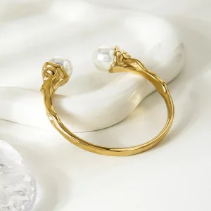 Textured Stainless Steel Pearl Bracelet for Women