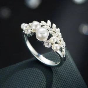 Thick Silver Plated Brass Women’s Brushed Wheat Branch Adjustable Open Ring with Faux Pearl and CZ