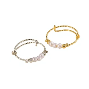 Three-Pearl Geometric Ring, Copper, Gold Plated, Adjustable
