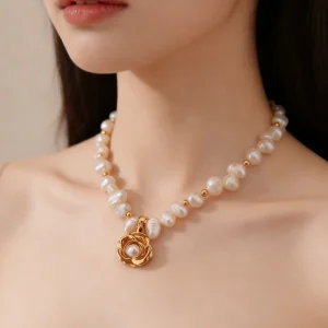 Tibetan Silver Freshwater Pearl Charm Necklace with OT Clasp and Link Chain for Weddings