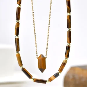 Tiger Eye Stone Pendant Necklace for Women Golden Clavicle Chain Colorfast