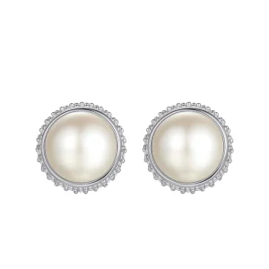 Tiny Zircon Ivory Imitation Pearl Stud Earrings, Rhodium Plated Brass
