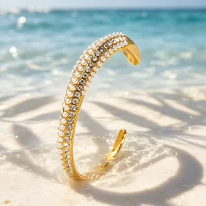 Titanium Steel 18K Gold-Plated Multi-Layer Full Diamond Pearl Stainless Steel Bangle