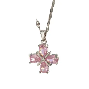 Titanium Steel Cross Chain Flower Petal Zircon Pendant Necklace for Women