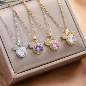 Titanium Steel Necklace for Women Copper Plated Gold Micro-Paved Zircon Mickey Pendant