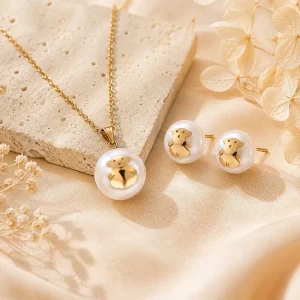 Titanium Steel Pearl Earring And Necklace Set With Love Water Drop Bell Shape And Inlaying For Women