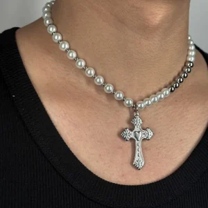 Titanium Steel Punk Hip-Hop Pearl Cross Necklace for Men with Bamboo Chain