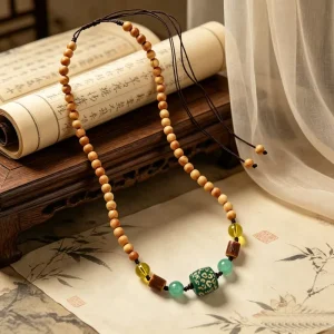 Traditional Buddhist Chinese-Style Natural Wooden Beaded Necklace