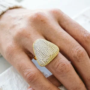 Triangle Full Pave Natural Stone Gold-Color Plated Oversized Chunky Adjustable Ring