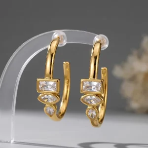Triple Stone Open C Shape Hoops Minimalist Gold Silver CZ Crystal Dangle Earrings Fine Jewelry Party Gift
