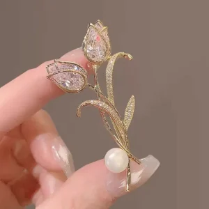 Tulip Alloy Gold Plated Brooch Imitation Pearl Crystal Rhinestone Party Gift