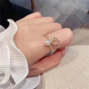 Tulip Flower Imitation Pearl Ring with Zircon Adjustable Open Ring for Women