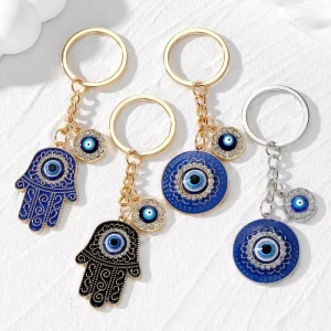 Turkish Blue Evil Eye Hamsa Hand Keychain Amulet Crystal Rhinestone Diamond Lucky Eye Bag Charm