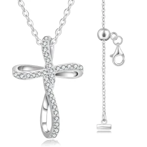 Twisted Infinity Cross Pendant Necklace with VVS Moissanite, 925 Sterling Silver, Women’s Choker Chain