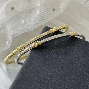 Twisted Line Open Bracelet with Diamond Inlay Gold Love Color Separation Design