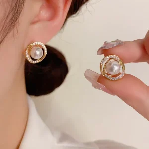 Twisted Pearl & CZ Hoop Earrings 18K Gold Plated Copper Cute Circle Studs Dainty Daily Wear Bridal Jewelry For Her