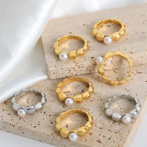 Twisted Pearl Ring for Women, Gold Plated Stainless Steel, Waterproof