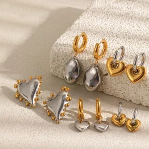 Two Tone 18K Gold Plated Stainless Steel Heart Color Block Earrings